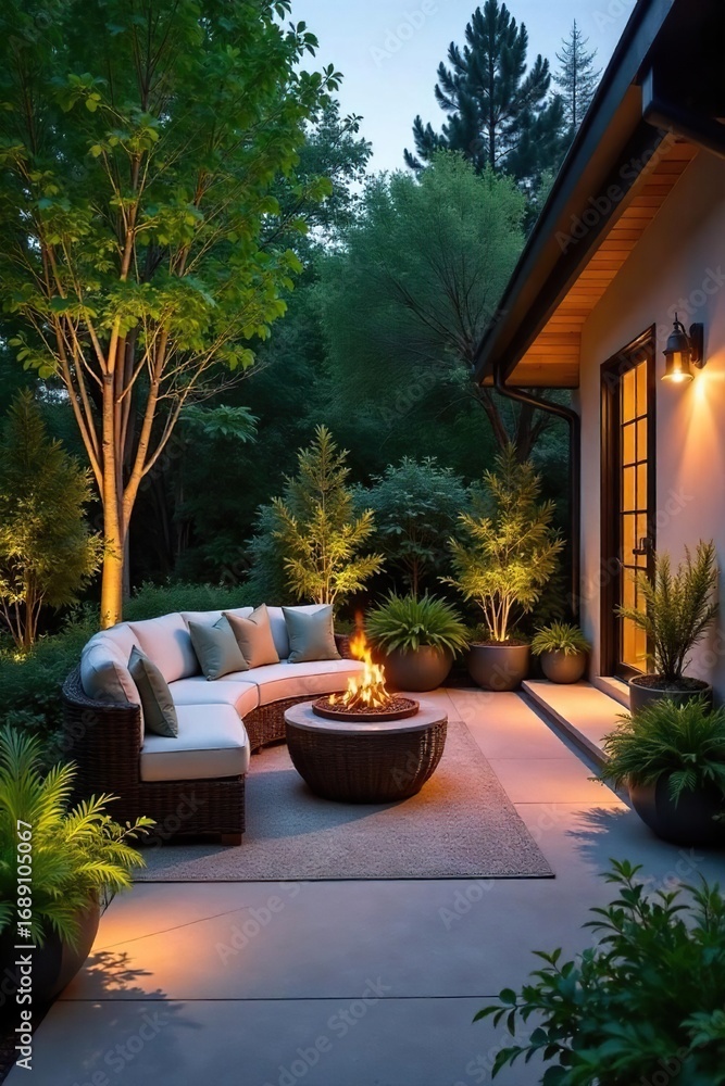 Obraz premium Serene patio oasis with lush greenery, inviting seating, and elegant lighting creates a perfect outdoor retreat Enjoy the tranquil ambiance and sophisticated design , evening, home