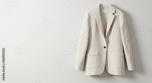 Minimalist Beige Linen Blazer Hanging on a White Wall