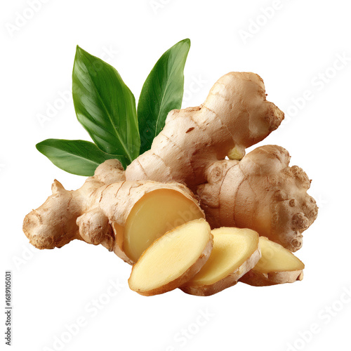 Fresh ginger root with sliced pieces and green leaves on a black background