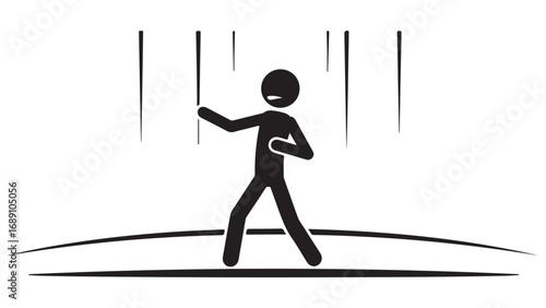Stylized Stick Figure Silhouette Protecting Himself in Rain