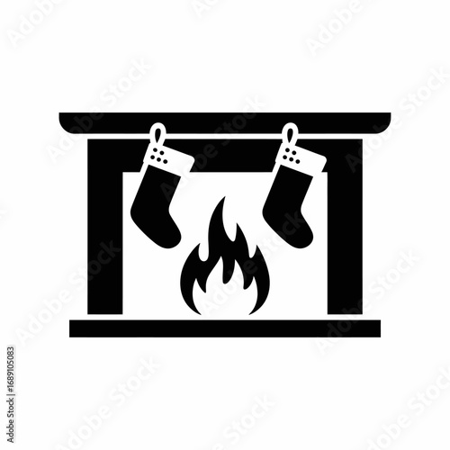Cozy fireplace with burning flames and hanging Christmas stockings minimal black and white design evokes holiday spirit
