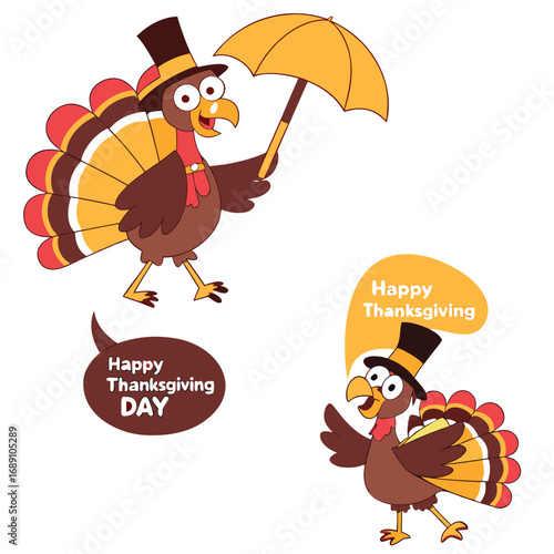 Animated turkey figure with top hat carries umbrella and wishes Happy Thanksgiving