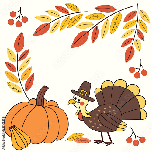 Cartoon thanksgiving turkey wearing a hat stands near pumpkin amid autumn foliage