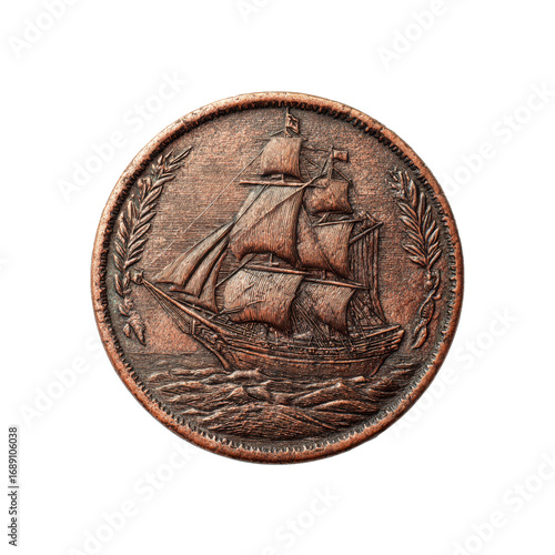 Close-up of Antique Copper Medallion Featuring Intricate Sailing Ship Design