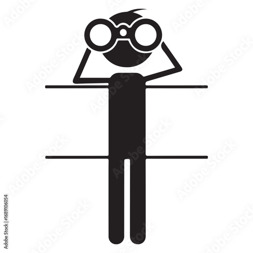 Stick Figure Looking Through Binoculars Over a Fence