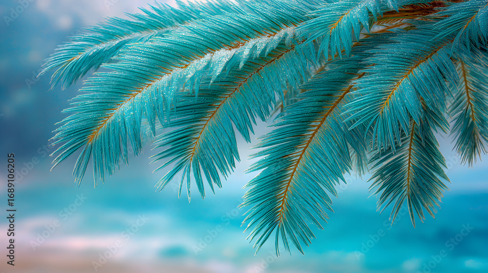 Fototapeta premium Close-up of a teal-colored conifer branch against a blurred teal and pink background.