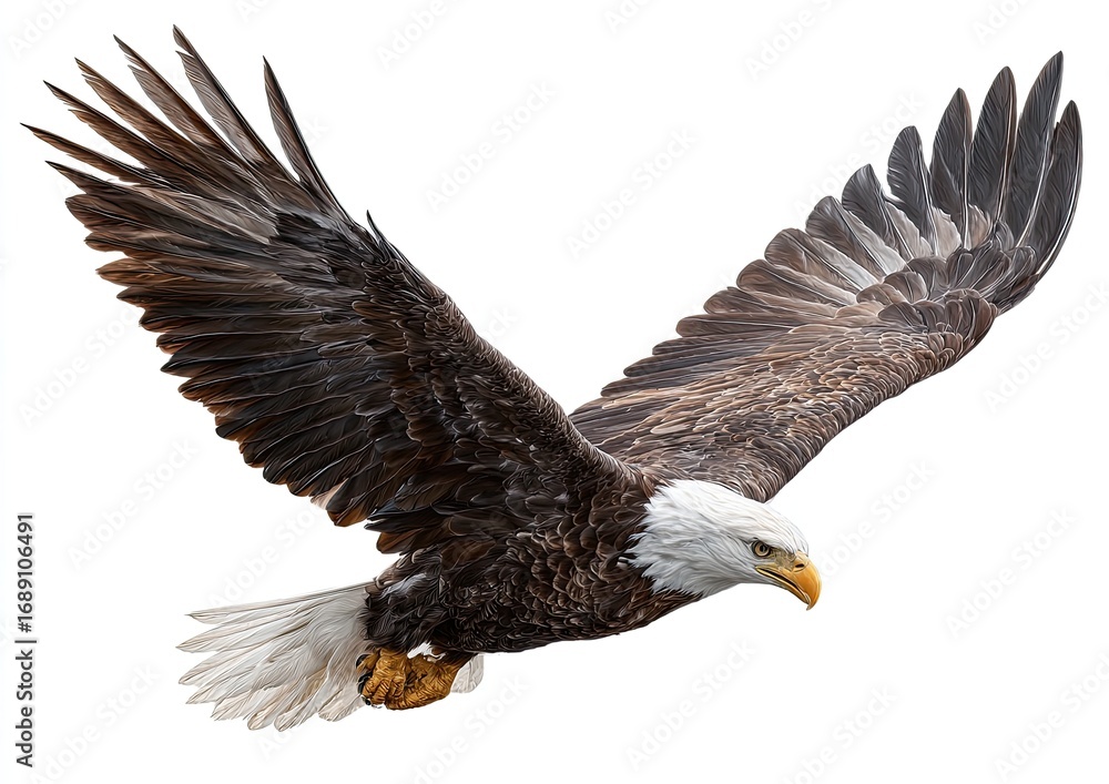Fototapeta premium Powerful bald eagle in flight against a white background