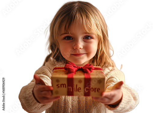 a young girl holding out a gift box, isolated on a transparent background.