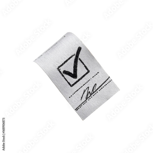 White Clothing Tag with Check Mark - Approved, Confirmed, Quality Control Concept