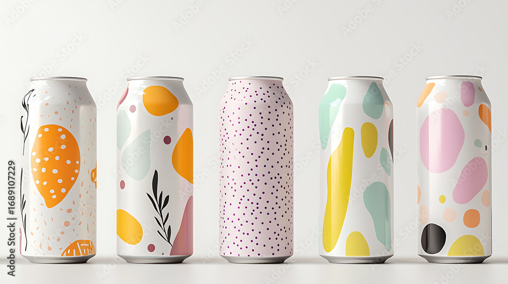Fototapeta premium Premium canned beverages with colorful and artistic designs displayed in row, showcasing vibrant patterns and modern aesthetics