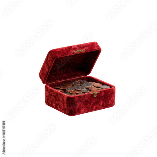 Red Velvet Box Filled with Coins Savings, Treasure, and Financial Security Concept