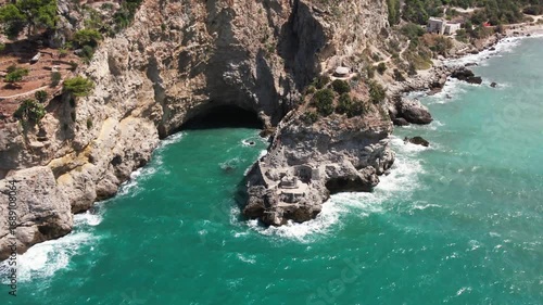 Drone Footage of Iconic Grotta delle Colombe on Sicily Island, Coastal Landmark