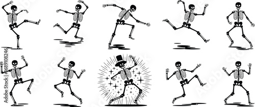 Cartoon dancing skeletons, Halloween party, Day of the Dead, spooky, fun, festive, celebration, dance poses, vector illustration, design element