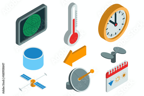Isometric weather forecast icons including radar thermometer clock and calendar providing a detailed view of environmental elements