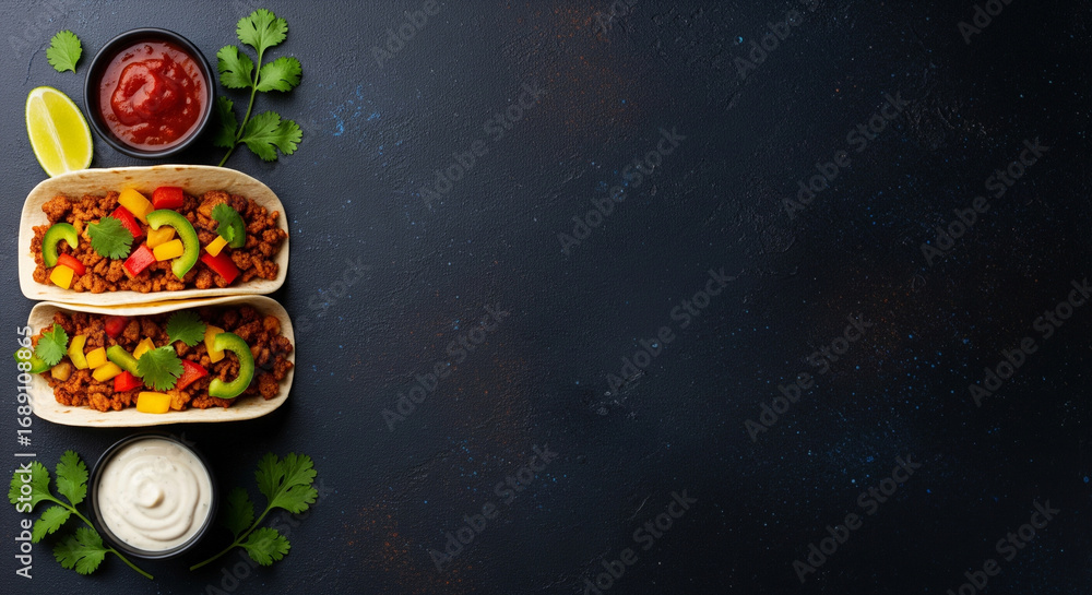 Fototapeta premium Savory Tacos Flat Lay with Vibrant Toppings and Sauces Delicious Mexican Food Flat Lay Dark Backdrop Tacos Dinner Party Food Photography
