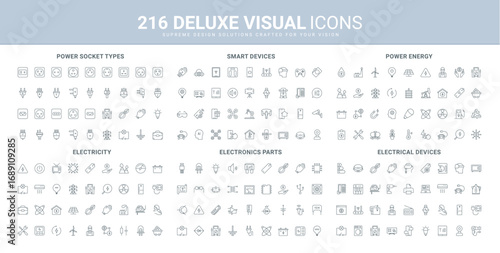Power and energy industry, electricity production from renewable resources line icon set. Electrical appliances and smart home devices, electronics thin black outline symbols vector illustration