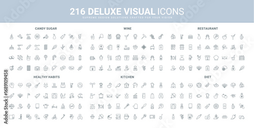 Healthy habits and food of diet, cooking tools, electrical appliances of kitchen line icon set. Sugar, candy and sweet products, restaurant menu, wine thin black outline symbols vector illustration