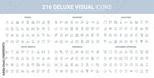 Hotel room service and accommodation, tropical vacation, ID and passport of citizen line icon set. Document and agreement approval, travel, entertainment thin black outline symbols vector illustration