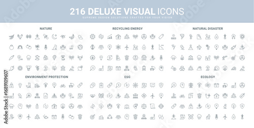 Eco energy, recycling technology, environment and ecology line icon set. ESG and corporate ideas to protect nature and global climate, environment thin black outline symbols vector illustration
