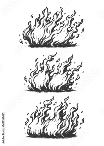 Engraved vintage illustration of fire flames collection in rustic sketch style, traditional retro set of burning flame shapes.