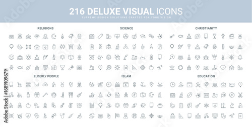 World religions, calendar of fasting and holiday in Islam, Christianity church and holy Bible line icon set. School education, science research and idea thin black outline symbols vector illustration