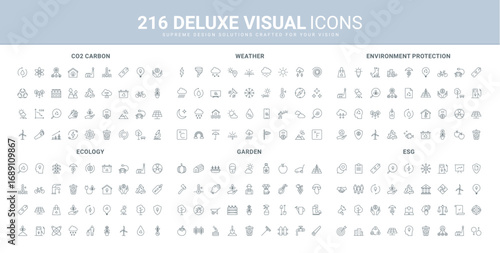 ESG, environmental protection and ecology, weather forecast line icons set. Eco energy and carbon dioxide reduction, garden tools to grow harvest thin black outline symbols vector illustration