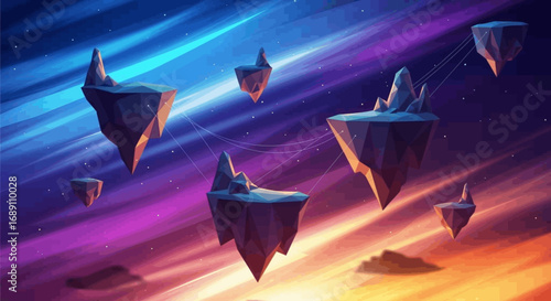 A breathtaking digital illustration depicts an ethereal landscape where majestic floating islands drift gracefully across a vibrant, cosmic sky, evoking a sense of wonder and fantasy.