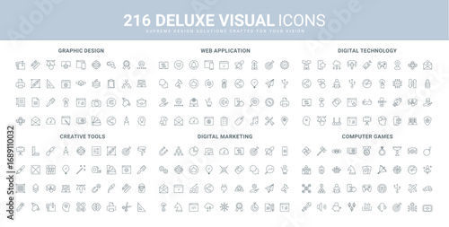 Web page support, app development and graphic design, digital technology of computer game line icon set. Digital marketing strategy for business growth thin black outline symbols vector illustration