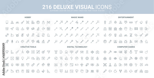 Entertainment, outdoor and indoor hobby activity and video game line icon set. Creative art tool, software and equipment for artist and designer thin black outline symbols vector illustration