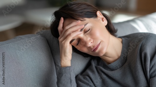 Woman is lying on grey sofa, appearing distressed with her hand on her forehead. setting is cozy and modern, conveying sense of emotional struggle