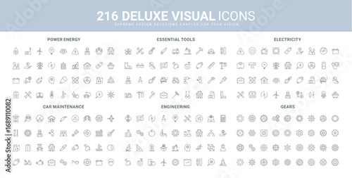Power industry, car repair garage service and engineering line icons set. Wind and sun power for electricity production, gears of machines and work progress thin black symbols vector illustration