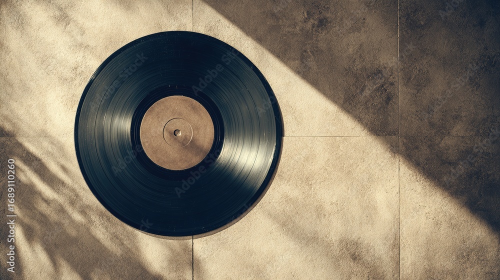 Obraz premium Classic vinyl record on a neutral surface, a timeless symbol of music and nostalgia.