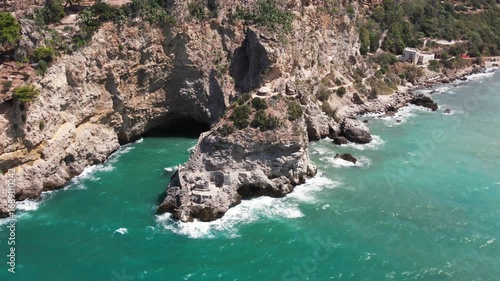Aerial Footage of Grotta delle Colombe Cave by the Sea, Popular Travel Destination Sicily Italy