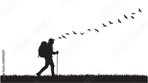 Silhouette of a Hiker with Birds in Flight