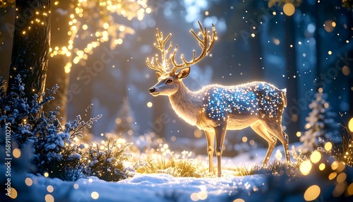 Standing Deer with Glowing Lights in a Winter Forest