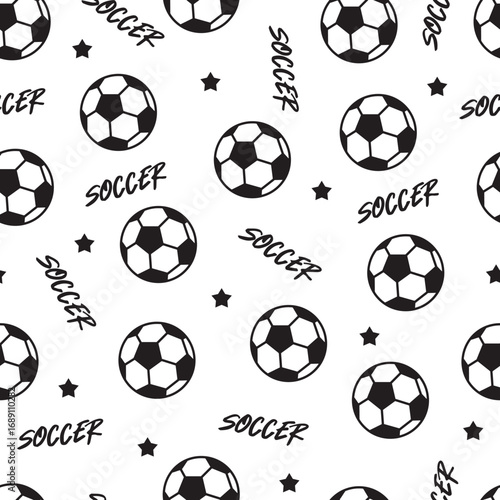Black and White Soccer Game Pattern with Stars. Perfect for sports-themed prints, boy apparel, school supplies, backgrounds, athletic-inspired patterns, and football fan merchandise
