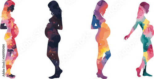 Colorful silhouette pregnant women, abstract watercolor texture, maternity, motherhood, expecting mother, diversity, body, lifestyle, vector illustration, artistic design element