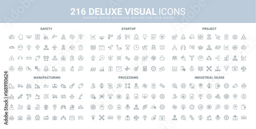 Manufacturing and industrial process, project management, business startup line icon set. Different gears, solutions of labor and workers safety thin black outline symbols vector illustration