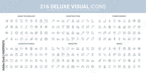 Logistics and shipment support, space research line icons set. Construction site equipment, hydro and nuclear power station, electricity distribution thin black outline symbols vector illustration