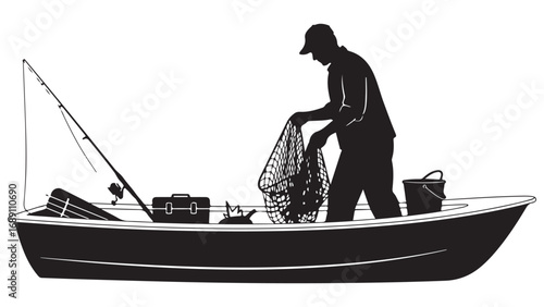 Fisherman in Boat with Net and Catch