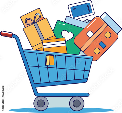 Cartoon icon of shopping cart full of gift cards, credit card floating above, and delivery truck beside.
