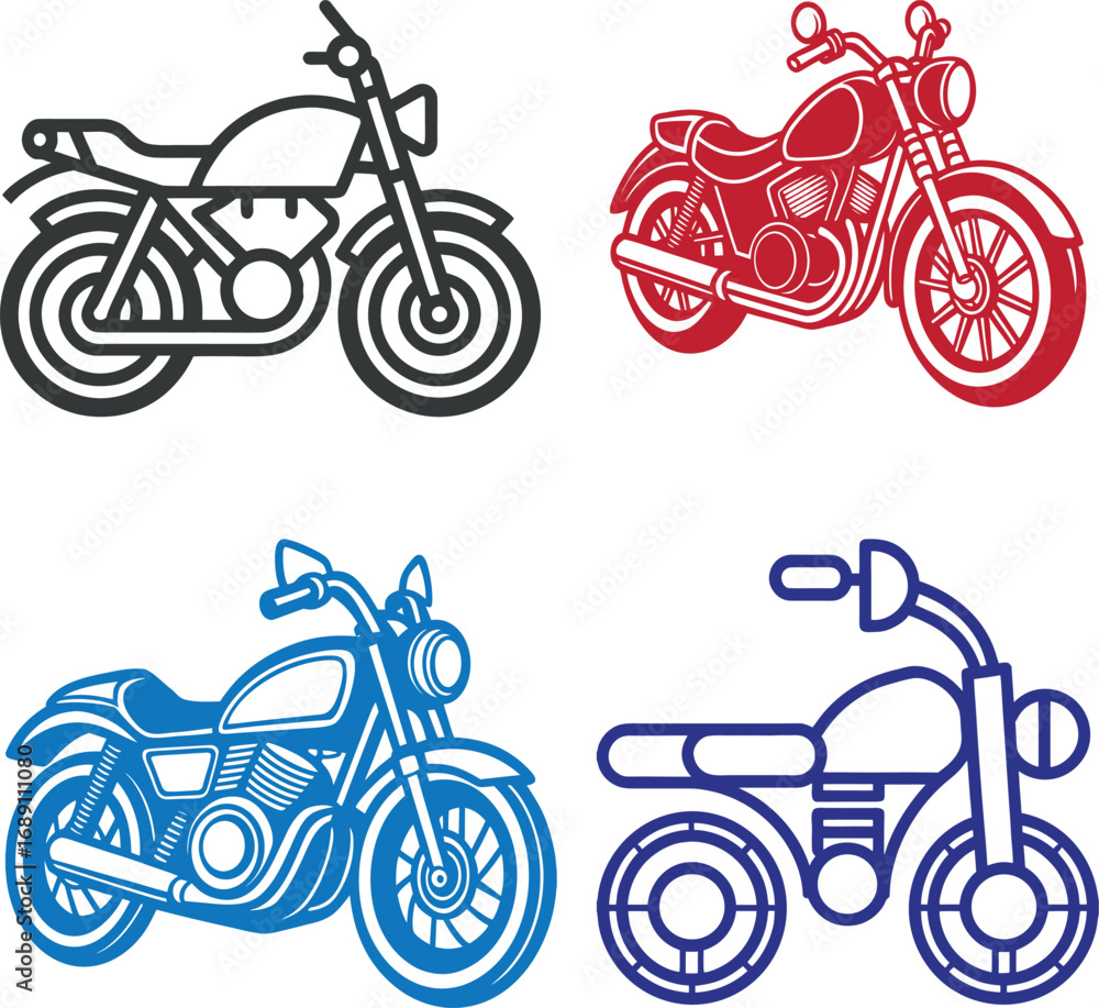 Naklejka premium Collection of motorcycle vector illustrations in red, blue, and black. Simple and stylish bike icons in modern line art and graphic design style, perfect for logos, posters, stickers, t-shirt prints, 