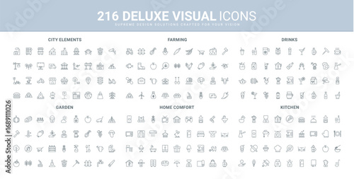Equipment and tools for farming and gardening, cooking food in kitchen line icons set. City buildings and elements, comfort home system, farm livestock thin black outline symbols vector illustration