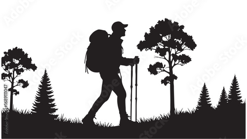 Silhouette of a Hiker with Backpack in Forest Landscape