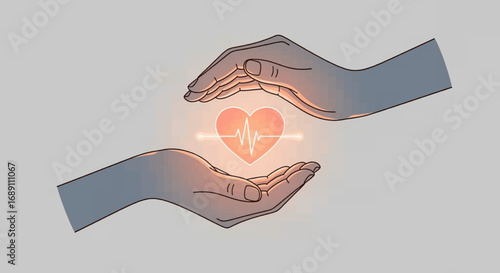 Two gentle hands protectively cradle a glowing heart with an active electrocardiogram line, symbolizing health, care, and vital well-being.
