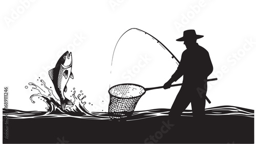 Silhouette of fisherman catching jumping fish with net