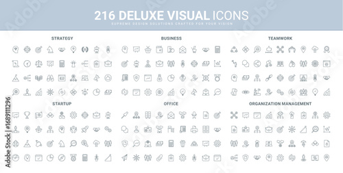 Startup strategy management and success, teamwork and workplace office equipment line icons set. Organization of business agreements and team communications thin black symbols vector illustration