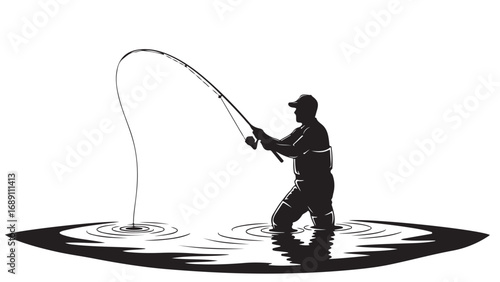 Silhouette of a Man Fishing in Water