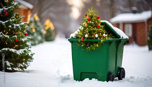 Christmas tree in a trash can, snowy street