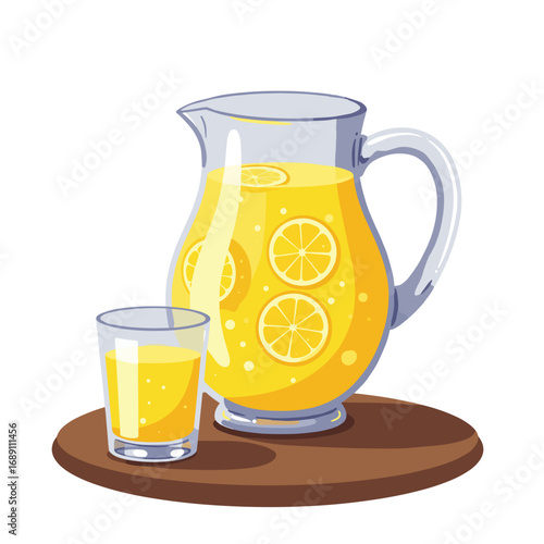 Lemonade pitcher and glass on wooden table with sliced lemons  